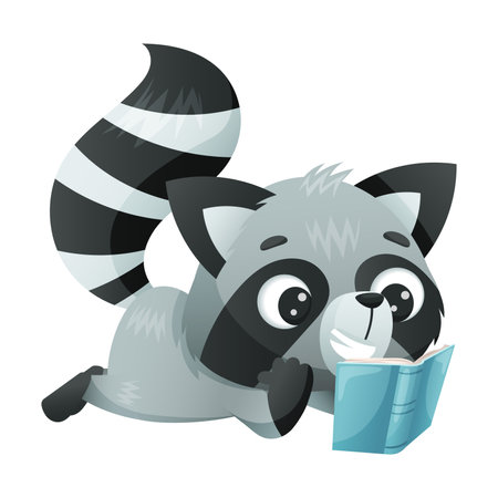 Cute Raccoon Animal Reading Book in Hard Cover Enjoying Interesting Story Vector Illustrationのイラスト素材