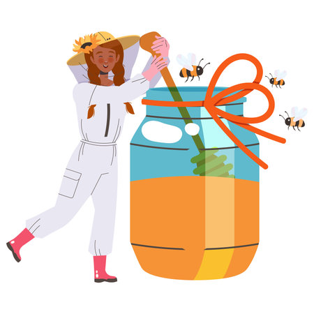 Equipped Woman Beekeeper or Apiarist Stirring Honey with Dipper in Huge Jar Vector Illustrationのイラスト素材