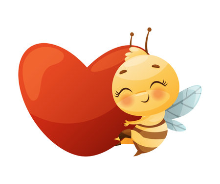 Cute Bee Character with Striped Yellow Body and Wings Embracing Red Heart Vector Illustrationのイラスト素材