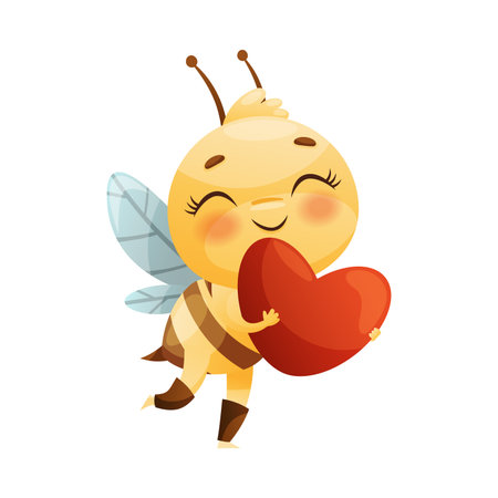 Cute Flushed Bee Character with Striped Yellow Body and Wings Holding Red Heart Vector Illustrationのイラスト素材