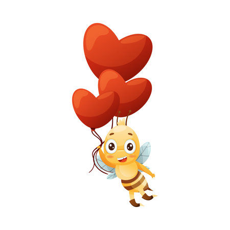 Cute Bee Character with Striped Yellow Body and Wings Carrying Red Heart Balloons Vector Illustrationのイラスト素材