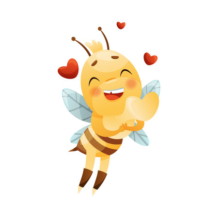 Cute Bee Character with Striped Yellow Body and Wings Fluttering with Beating Heart Vector Illustrationのイラスト素材
