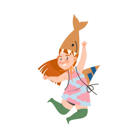 Happy Little Girl in Homemade Cardboard Fish Costume Playing and Having Fun Vector Illustrationのイラスト素材