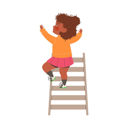 Playful Little Girl with Curly Hair Climbing Ladder Up the Treehouse Vector Illustrationのイラスト素材