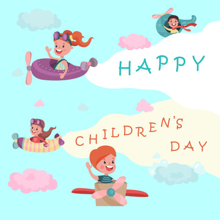 Happy Children Day with Cute Smiling Boy and Girl Flying Plane Hight in the Sky Vector Illustrationのイラスト素材