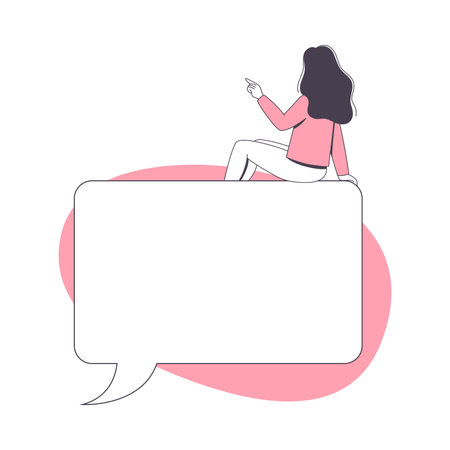 Communication Speech Bubble with Woman Character Sitting on It Back View Vector Illustrationのイラスト素材