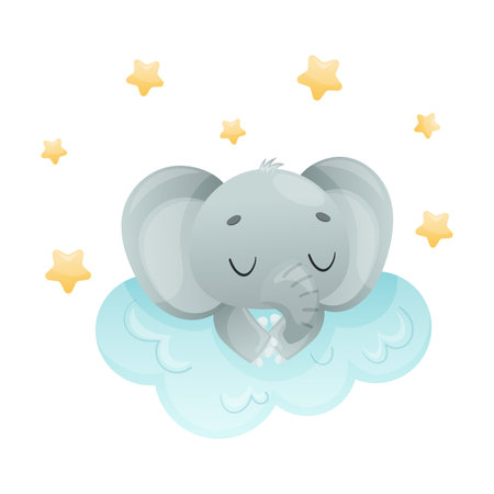 Funny Grey Elephant with Large Ear Flaps and Trunk Sleeping on Cloud Vector Illustrationのイラスト素材