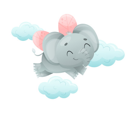Funny Grey Elephant with Large Ear Flaps and Trunk Flying Above Cloud with Wings Vector Illustrationのイラスト素材