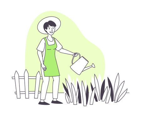Woman Farmer Character in Hat and Apron Watering Plant Doing Agricultural Work Vector Illustrationのイラスト素材