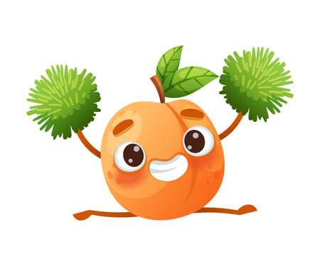 Cartoon Peach Fruit Performing Cheerleading Dance with Pompom Cheering Enjoying Summer Season Vector Illustrationのイラスト素材