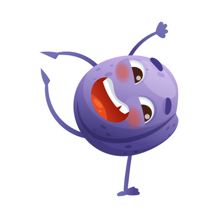 Cartoon Purple Plum Fruit Somersaulting Cheering Enjoying Summer Season Vector Illustrationのイラスト素材
