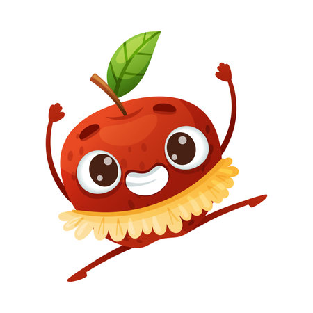 Cute Apple Fruit in Tutu Skirt Dancing and Cheering Enjoying Summer Season Vector Illustrationのイラスト素材