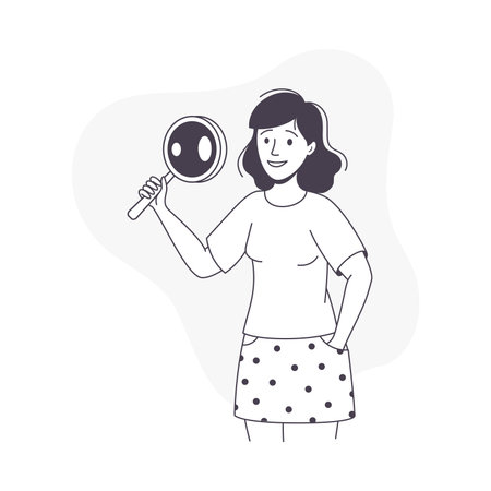 Woman Character with Magnifying Glass Looking in Future Observing Vector Illustrationのイラスト素材