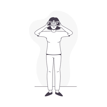 Woman Character with Binoculars Looking in Future Observing Vector Illustrationのイラスト素材