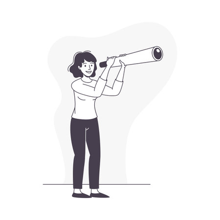 Woman Character with Telescope Looking in Future Observing Vector Illustrationのイラスト素材