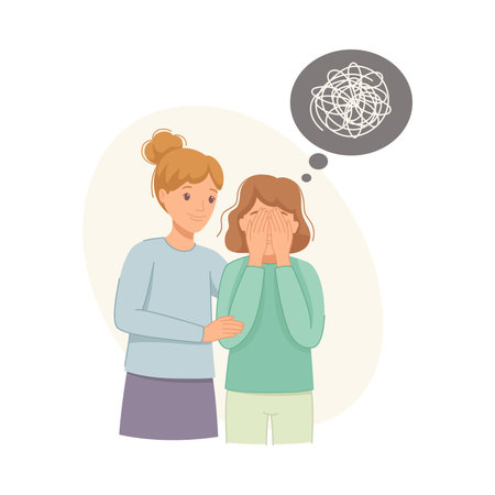 Woman Help to Young Girl in Depression Feeling Sad Suffering from Mental Disorder Vector Illustrationのイラスト素材