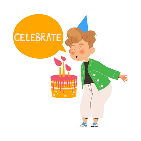 Little Boy Celebrating Birthday Blowing Candles on Cake Learning English Word Vector Illustrationのイラスト素材