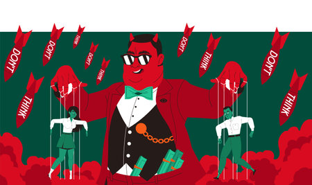 Manipulation of People with Fat Red Man Puppeteer Pulling Strings of Zombified Marionette Vector Illustrationのイラスト素材
