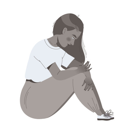 Stressed Woman Character Sit with Bended Legs Living Colorless Life Feeling Sadness and Loneliness Vector Illustrationのイラスト素材