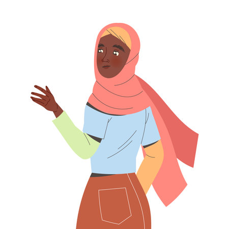 Young Muslim Woman Character in Hijab Reach Hand Giving Support Demonstrating Attention and Empathy Vector Illustrationのイラスト素材