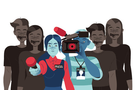 Prohibition of Independent Media with People Having Zipper Mouth and Reporter with Microphone Vector...