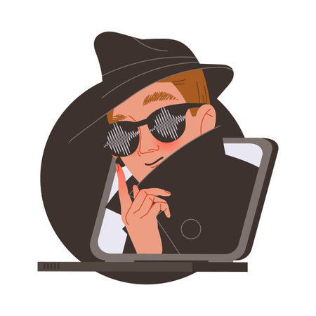 Man Special Agent in Black Hat and Sunglasses Peeking from Laptop Screen as Spying and Monitoring Vector Illustrationのイラスト素材