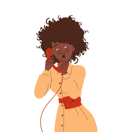 Young Woman with Curly Hair Talking by Stationary Phone Breaking the News Vector Illustrationのイラスト素材
