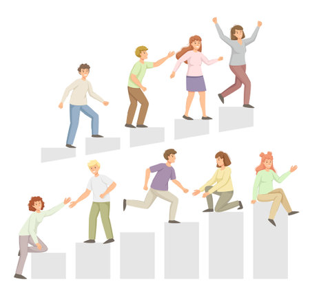People Character Climbing Up to the Goal Helping Each Other Vector Setのイラスト素材
