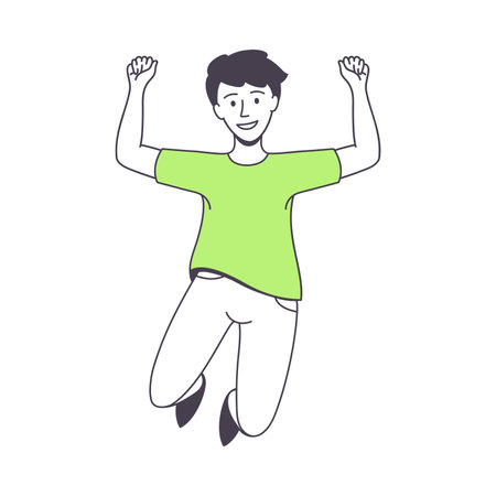 Happy Man Character Jumping with Raised Hands Excited with Something Vector Illustrationのイラスト素材