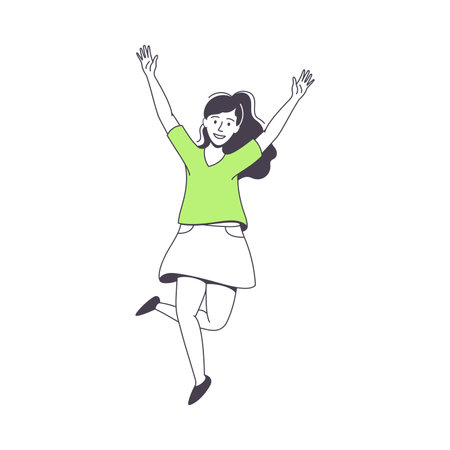 Jumping Woman Character Feeling Happy and Excited Rejoicing Vector Illustrationのイラスト素材