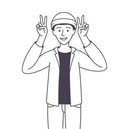 Man Character Showing V Peace Sign as Positive Hand Gesture Outline Vector Illustrationのイラスト素材