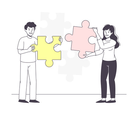 Man and Woman Assembling Jigsaw Puzzle Connecting Mosaiced Pieces Together Vector Illustrationのイラスト素材
