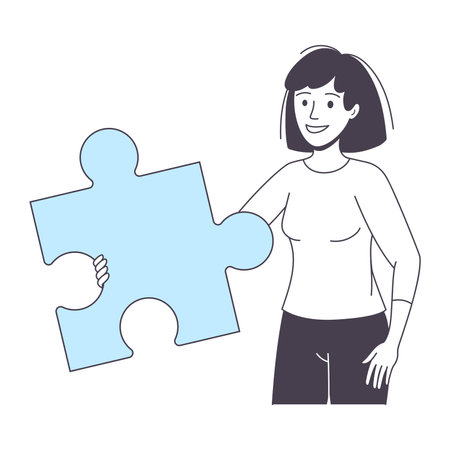 Smiling Woman Holding Blue Jigsaw Puzzle as Mosaiced Piece for Logical Game Vector Illustrationのイラスト素材