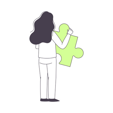 Woman Holding Green Jigsaw Puzzle as Mosaiced Piece for Logical Game Vector Illustrationのイラスト素材