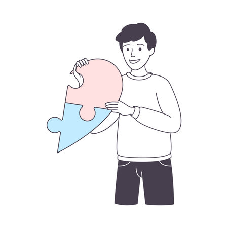 Smiling Man Holding Heart Jigsaw Puzzle as Mosaiced Piece for Logical Game Vector Illustrationのイラスト素材