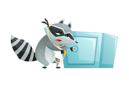 Raccoon Burglar with Striped Tail Wearing Mask Breaking Safe Deposit Box Vector Illustrationのイラスト素材
