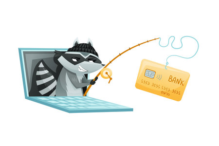 Raccoon Burglar with Striped Tail Wearing Mask with Fishing Rod in Laptop Stealing Bank Card Vector Illustrationのイラスト素材