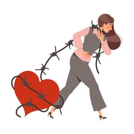 Relationship Problem with Woman Pulling Heart with Barbed Wire Suffering from Troubles in Relation Vector Illustrationのイラスト素材