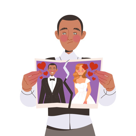 Man Tearing Photo from Marriage Ceremony Having Relationship Problems Suffering from Troubles in Relation Vector Illustrationのイラスト素材