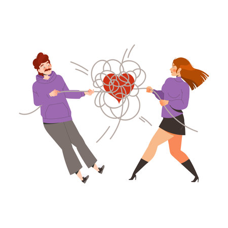 Relationship Problems with Man and Woman Pulling Entangled Around Heart Rope Apart Vector Illustrationのイラスト素材