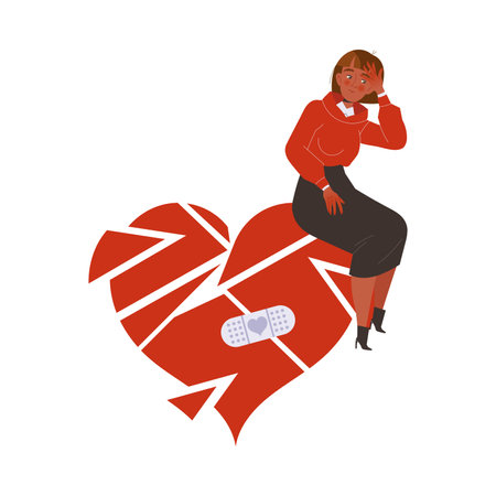 Relationship Problems with Woman Sitting on Broken Red Heart Suffering from Troubles in Relation Vector Illustrationのイラスト素材