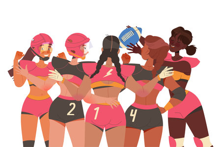 Group of Woman Rugby Player in Helmet and Uniform Standing in Circle Playing American Football Game with Oval Ball Vector Illustrationのイラスト素材