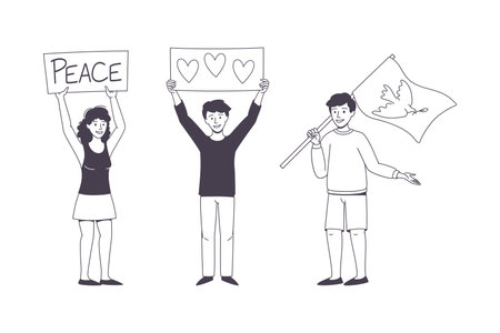 Man and Woman Character Partaking in Demonstration for Peace with Placard Vector Setのイラスト素材