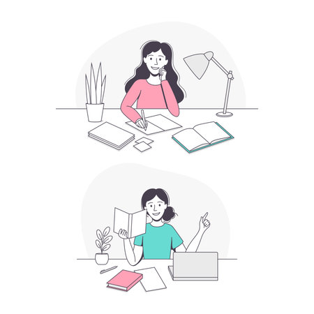 Smiling Schoolgirl Doing Homework Sitting at Desk Studying with Book and Copybook Vector Setのイラスト素材