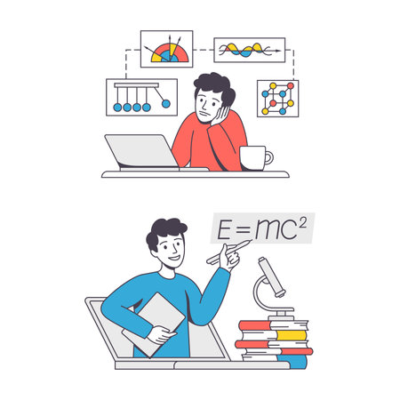 Online Learning with Man Student and Teacher Engaged in Virtual Classes Outline Vector Setのイラスト素材