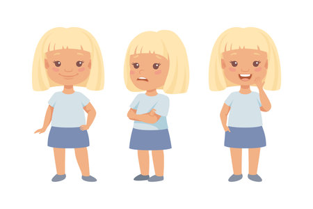 Little Blond Girl with Short Hair Having Different Face Emotion and Gesture Vector Setのイラスト素材