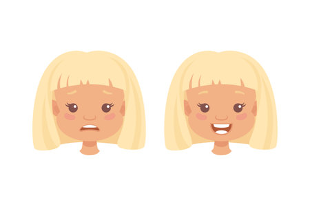Little Blond Girl Character Face Feeling Different Emotion Vector Setのイラスト素材