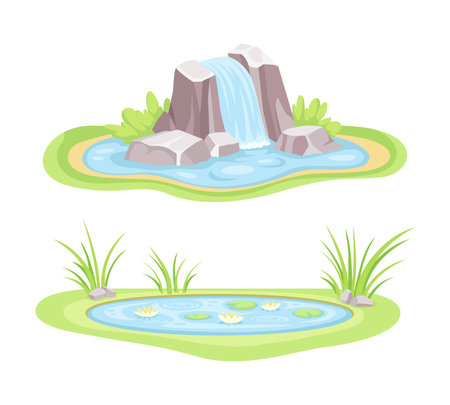 Water Resources with Pond and Waterfall Vector Setのイラスト素材
