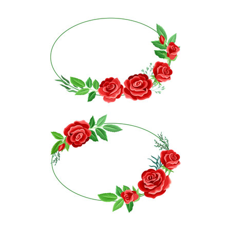 Rose Frame with Red Lush Bud and Green Leaves Arranged in Shape with Border Vector Setのイラスト素材