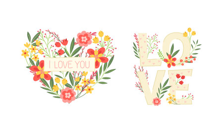 Heart with Flowers and Love Inscription for Valentines Day Vector Setのイラスト素材